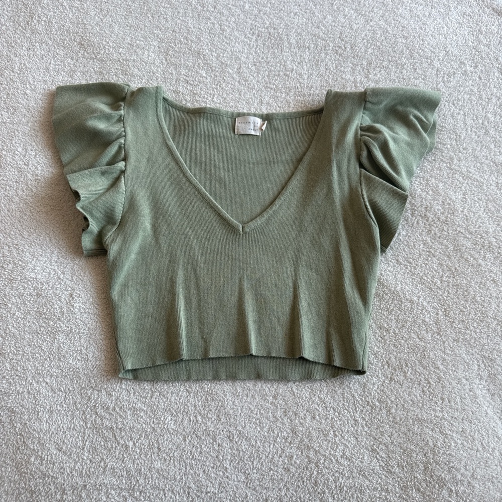Olive Ruffled Sleeve Crop Top